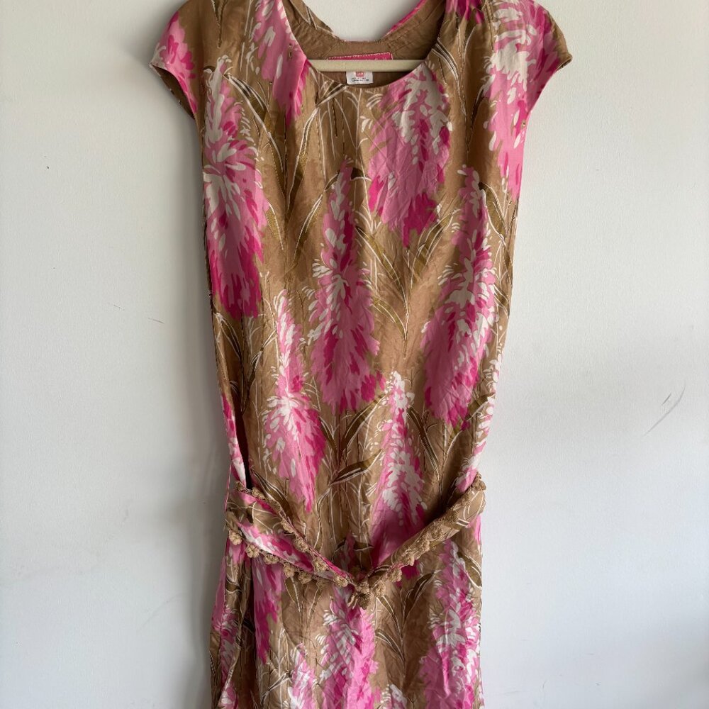 Manoush Womens Tie Waist Dress Round Neck Floral Brown Pink Size FR‎ 36 | US 4